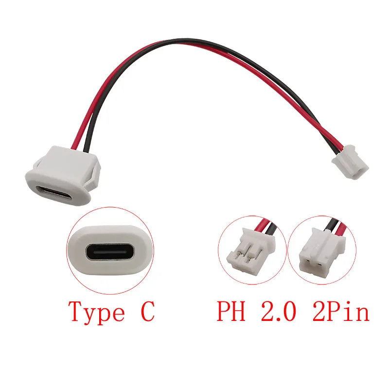 5 Stuks USB Type C Vrouwelijke Socket Oplaadpoort Snap-In Mount naar JST PH 2.0mm Pitch 2 Pin Plug Draad Kabel Connectors