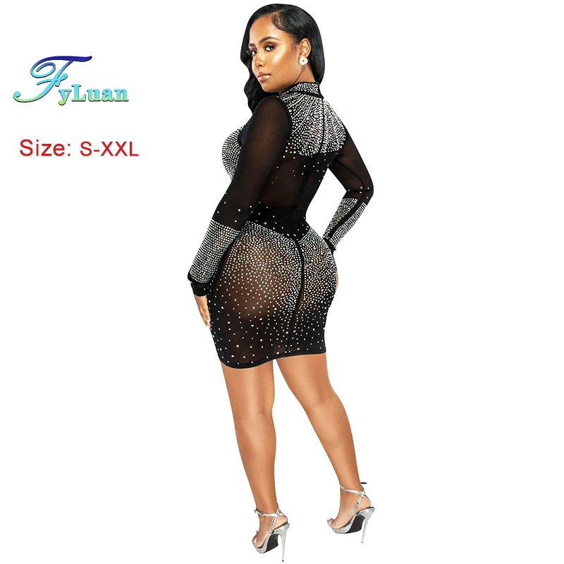 قائمة جديدة المرأة فستان قصير شبكة منظور طويلة الأكمام ضيقة التفاف الورك فستان رسمي حفلة موسيقية عالية مساء عيد ميلاد رداء