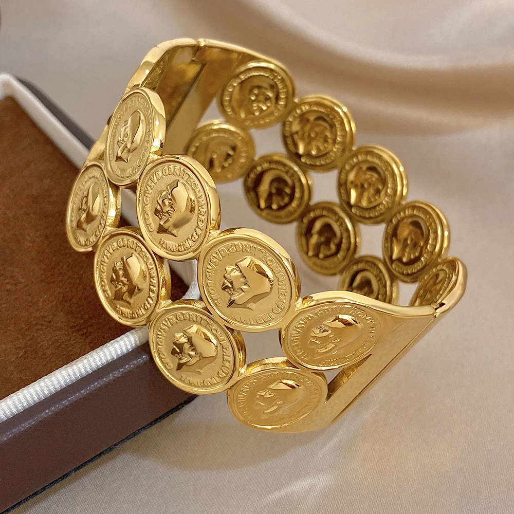 

Freetry Vintage Coin Splicing Design Stainless Steel Bangle for Women Gold Color Waterproof Wide Bracelet Daily Jewelry Gift New