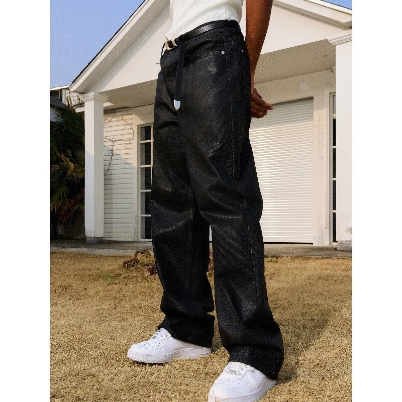 

Street Style High Waist Wax Pants Loose Casual Black Brushed Long Trousers Straight Leg Stretchable Jeans Men's Fashion