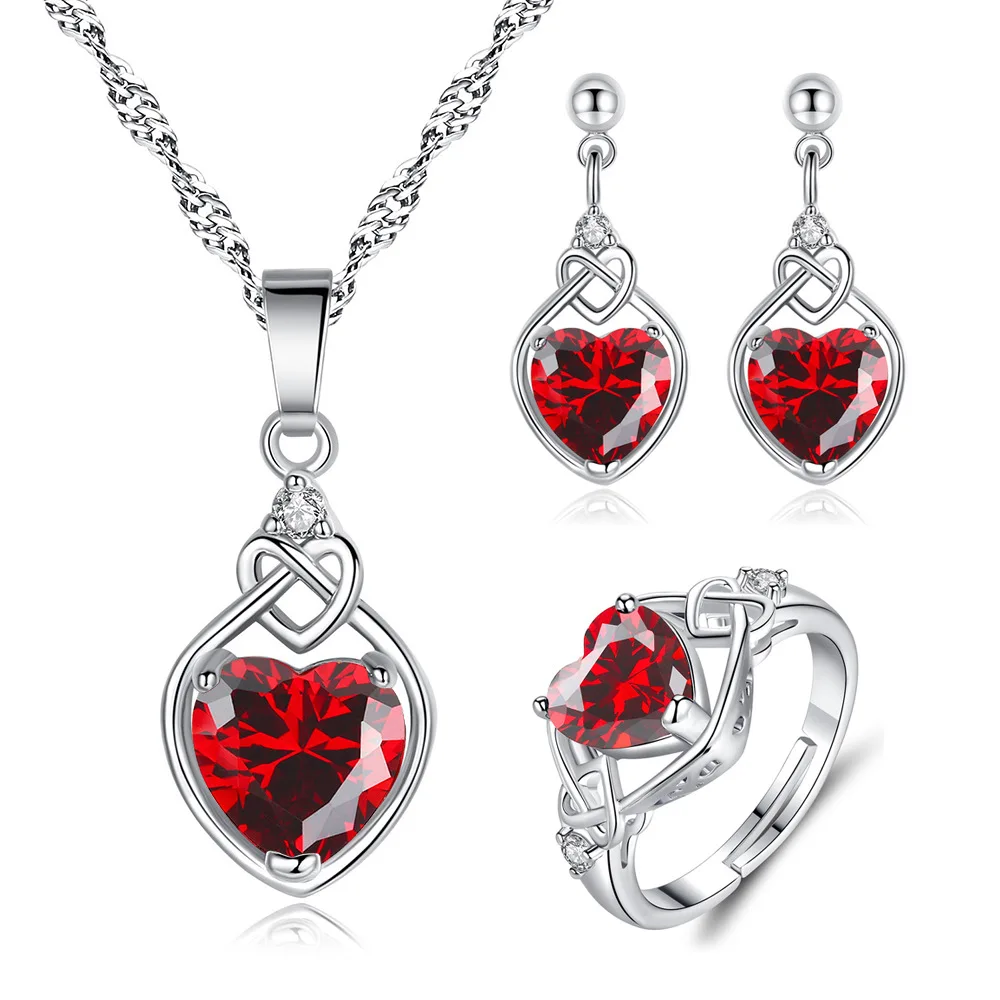 Silver 925 Red Heart Zircon Elegant Women\'s Sets Ring Earring Necklace Luxury Quality Bridal Jewelry Items With