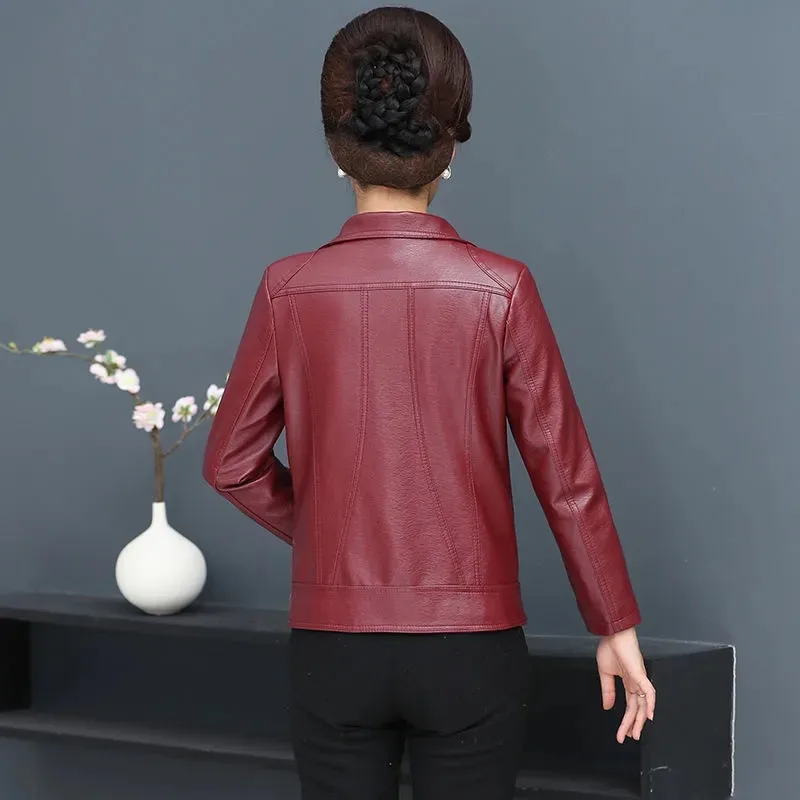 Blouson en cuir PU Pi pour femmes, vêtement d'extérieur, col montant court, pour mères d'âge moyen et âgées, printemps-automne, 2023