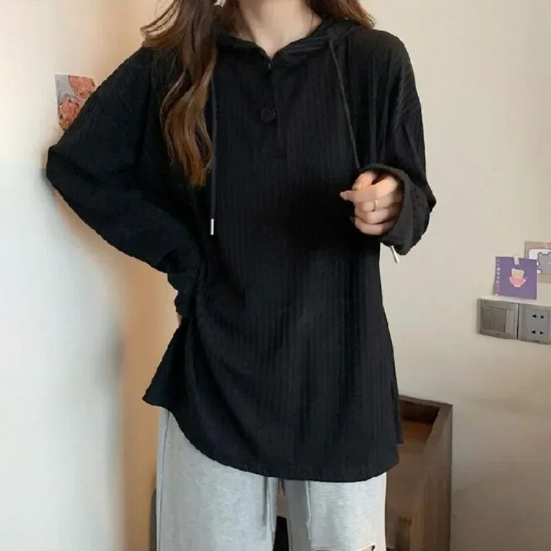 Korean Y2k Hoodies Women's Spring Autumn New Solid Hooded Long Sleeve T-shirt Loose Student Sweatshirt Streetwear Women