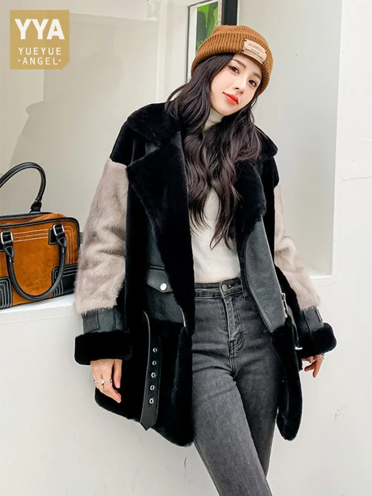 Fashion Women Winter Mink Fur Patchwork Wool Overcoat Loose Fit Warm Real Fur Coat High Street Motorcycle Style Lambswool Jacket