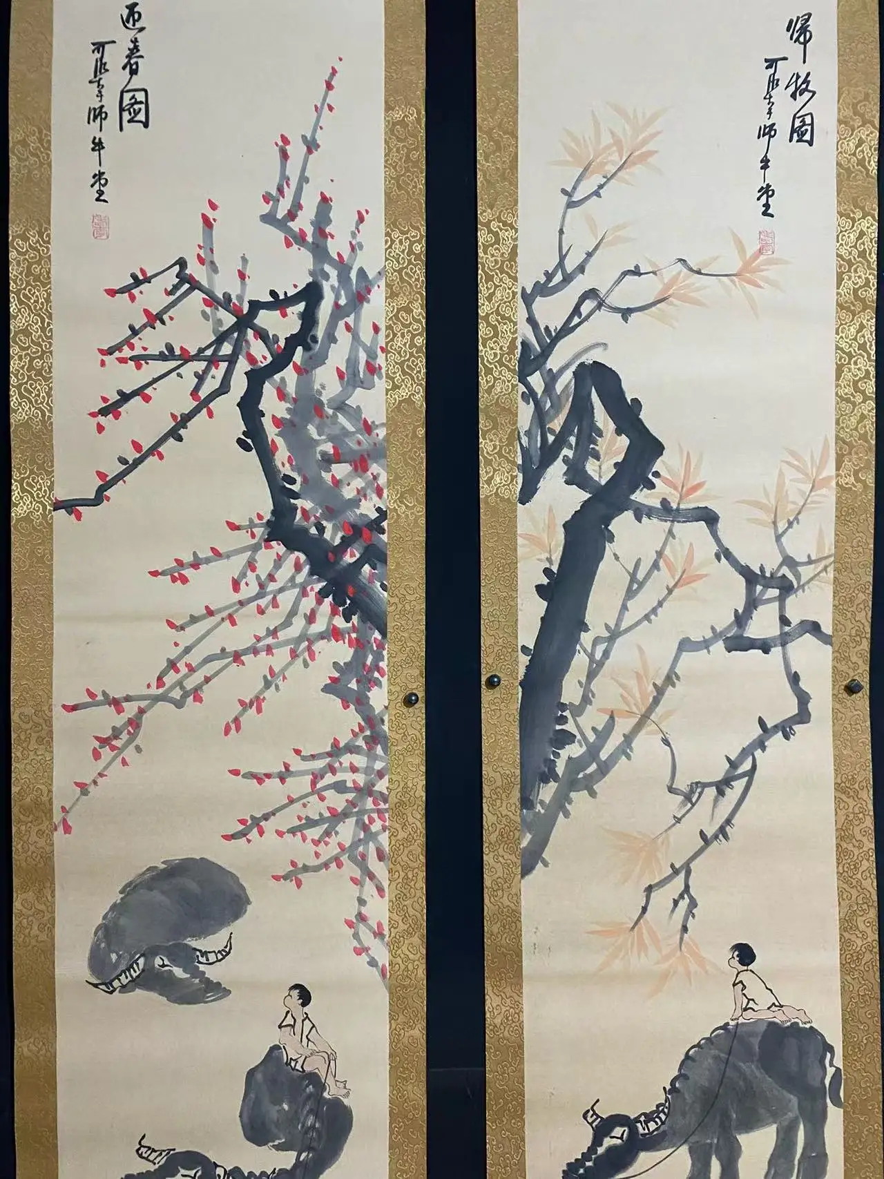 Old Chinese hand-painted long scroll,  Four seasons grazing cattle Painting Scroll,4 pieces/pack, free shipping#2501