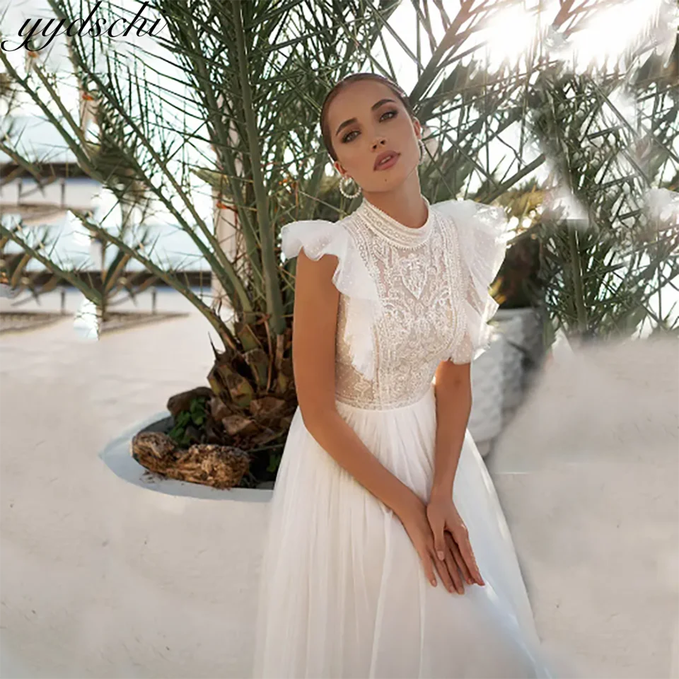 Personalizado boho rendas apliques de alta pescoço chiffon uma linha vestidos de casamento 2025 ilusão trem varredura tule vestidos de noiva para mulher