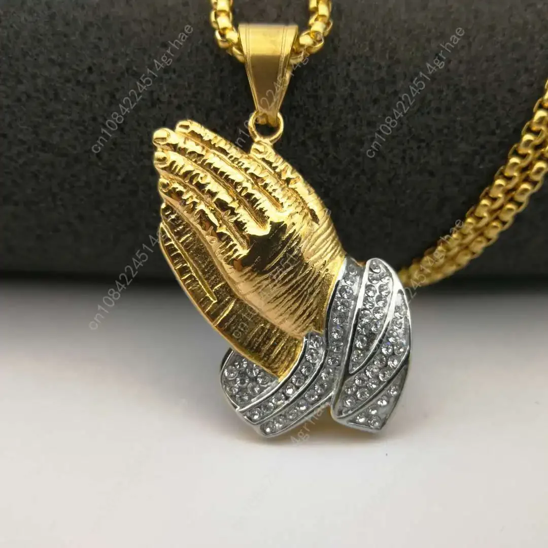 

Hip hop 316L Stainless steel Gold Color Fulled Crystal Double Hands Prayer Pendant Necklace Hip Hop Link Chain Necklace For Men