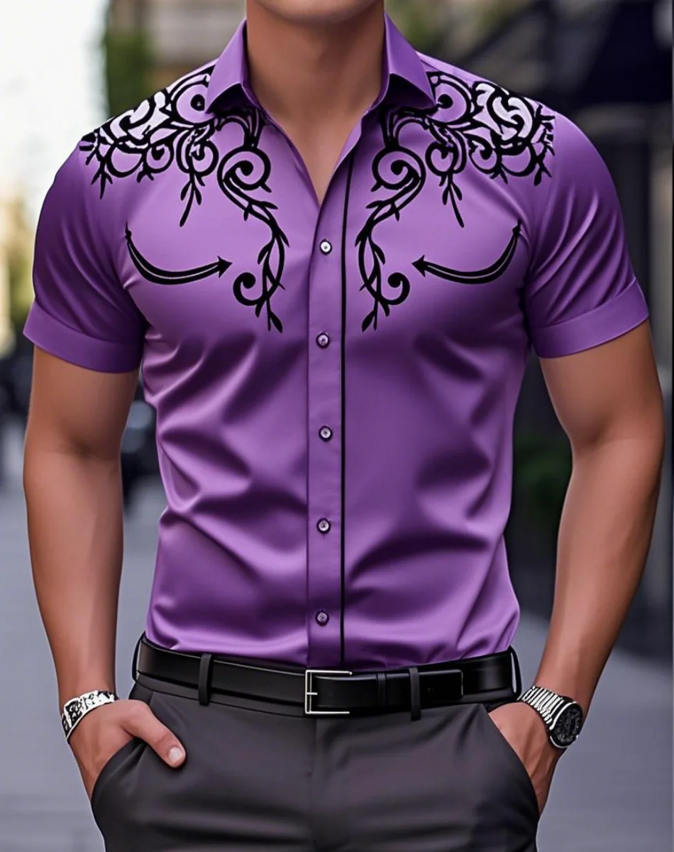 New men's 3D retro print denim shirt, short-sleeved shirt, outdoor street fashion, classic shirt, new shirt, Western-style shirt