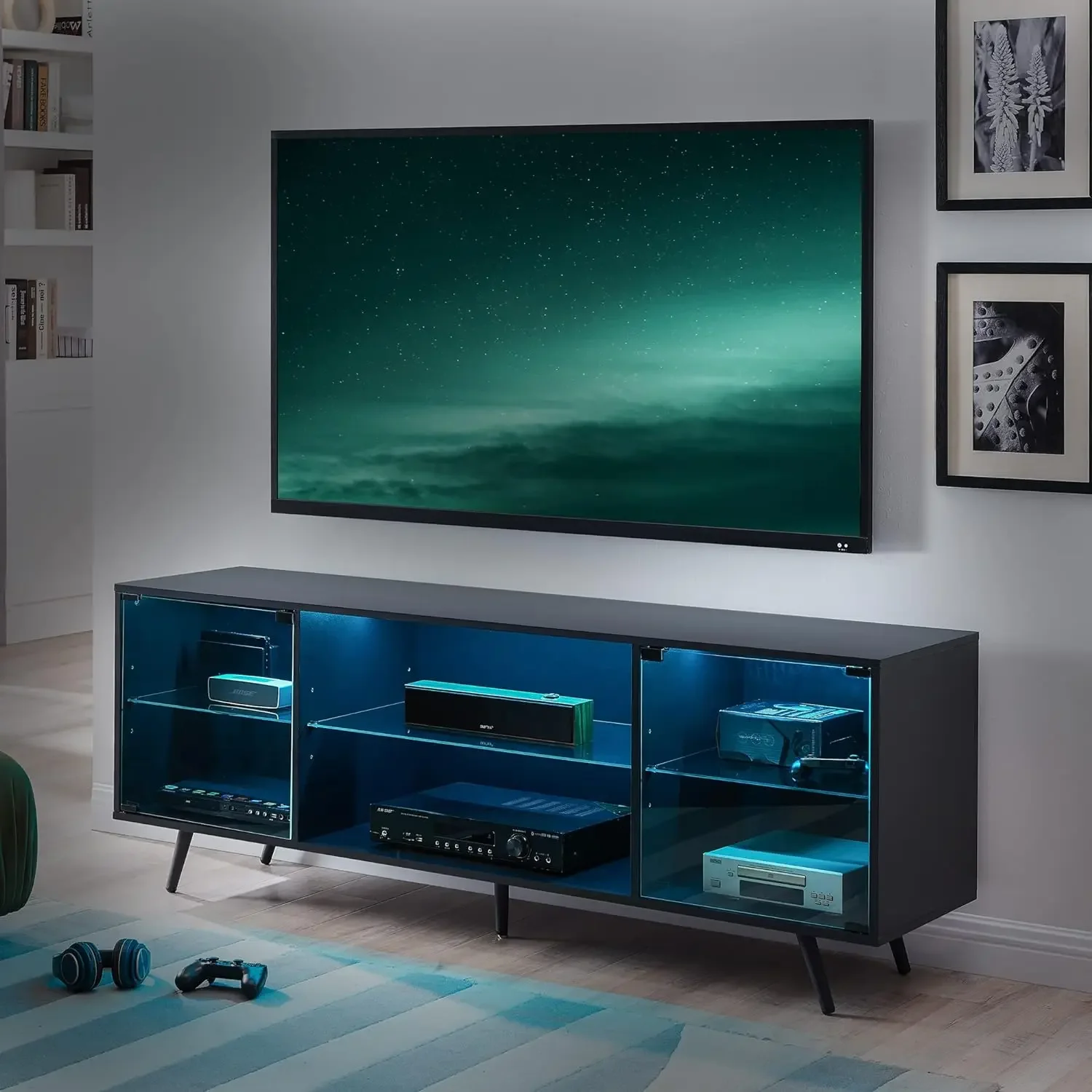 Modern TV Stand with LED Lights,Game Entertainment Center Media Console Television Stands with Magnetic Door/Adjustable Shelves