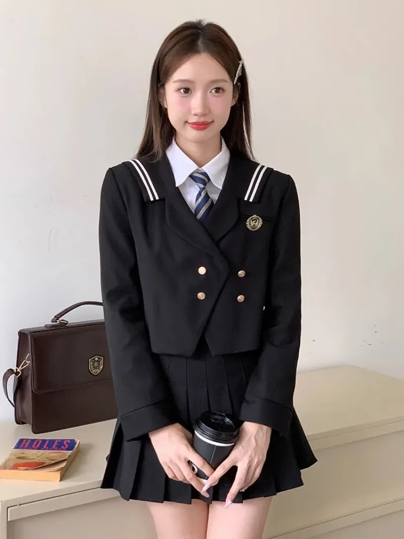 2024 New Japanese JK Original School Uniform College Style Black Sailor Collar Suit Jacket With Solid Color Skirt Set For Girls