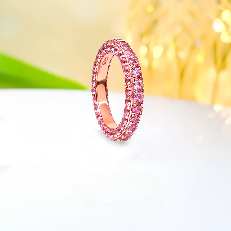 

Full diamond micro inlaid artificial pink diamond 925 sterling silver finger ring with diamond arrangement, wedding jewelry