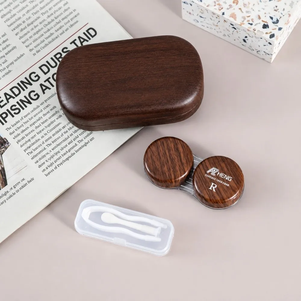 Dual Compartment Contact Lens Case Wood Grain Myopia Companion Portable Lens Case Compact Size Lens Container Set Daily Bag Use