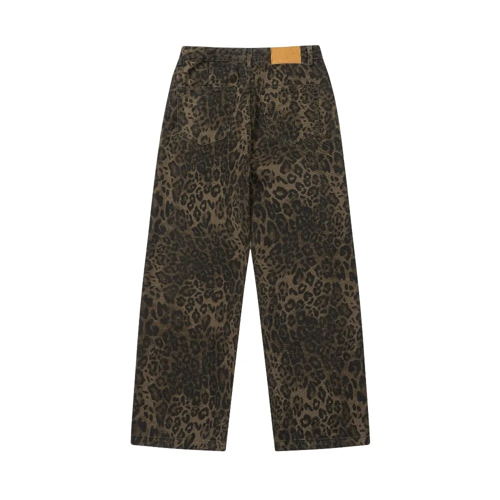 กางเกงยีนส์ทรงหลวมสไตล์ลำลองพิมพ์ลายเสือดาวสำหรับผู้หญิง สไตล์อะคาเดเมีย กรันจ์ กอธ เอสเทติก สตรีทแวร์ ฤดูหนาว