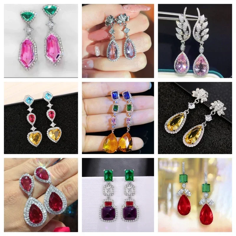 High-end and Colorful Mosang Stone Earrings with Personalized  Fashionable Temperament, Light Luxury,  Thin Face