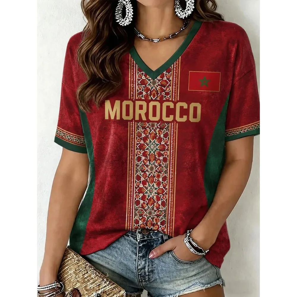 Camiseta de Fútbol con Estampado 3D y Cuello en V para Mujer, Estilo Marroquí, Moda Deportiva y Casual, Transpirable, Último Modelo 2026