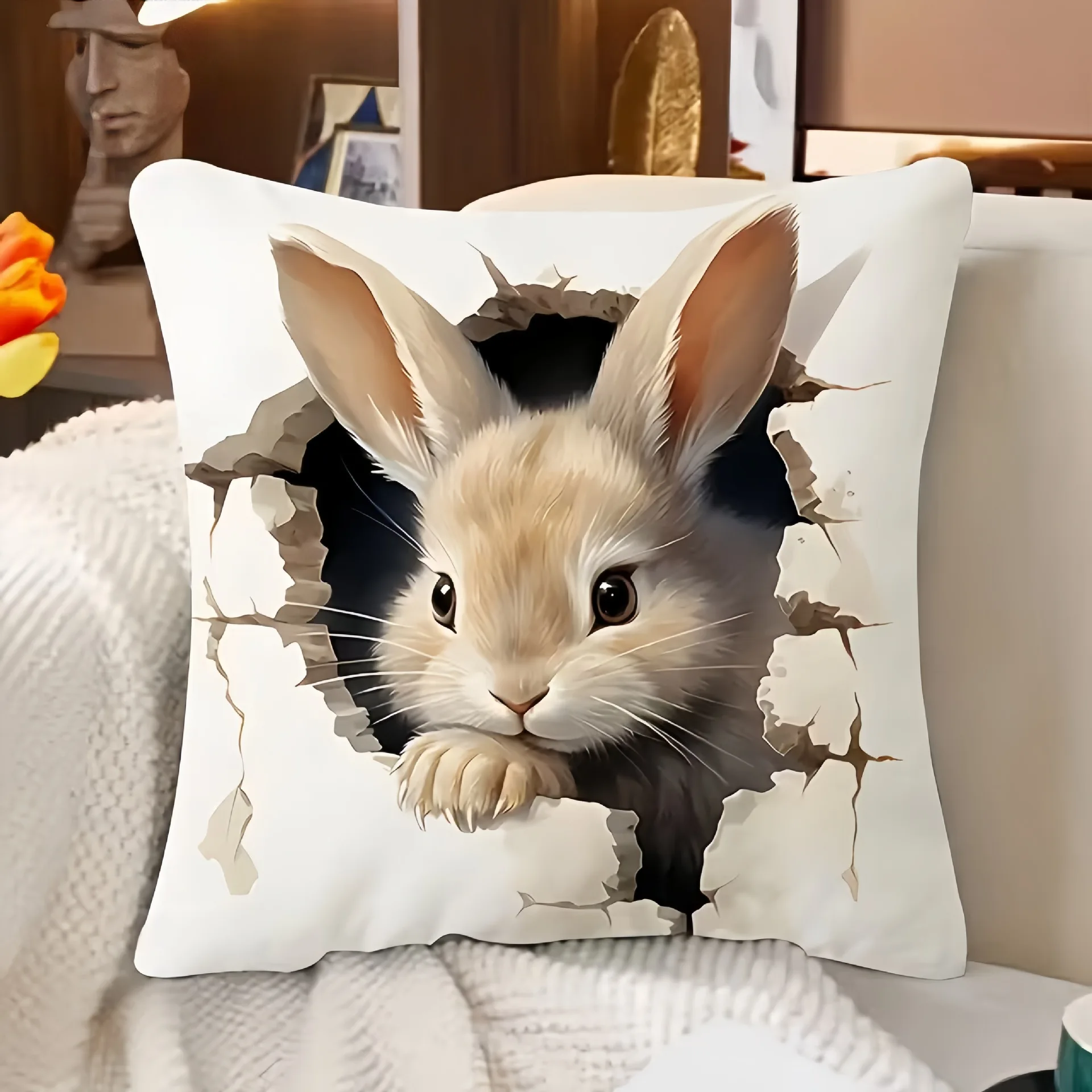 VIKAMA 3D Ripped Rabbit Cushion Cover Soft and Skin-Friendly Living Room Sofa Cushion Cover Bedroom Pillowcase Easter Home Decor