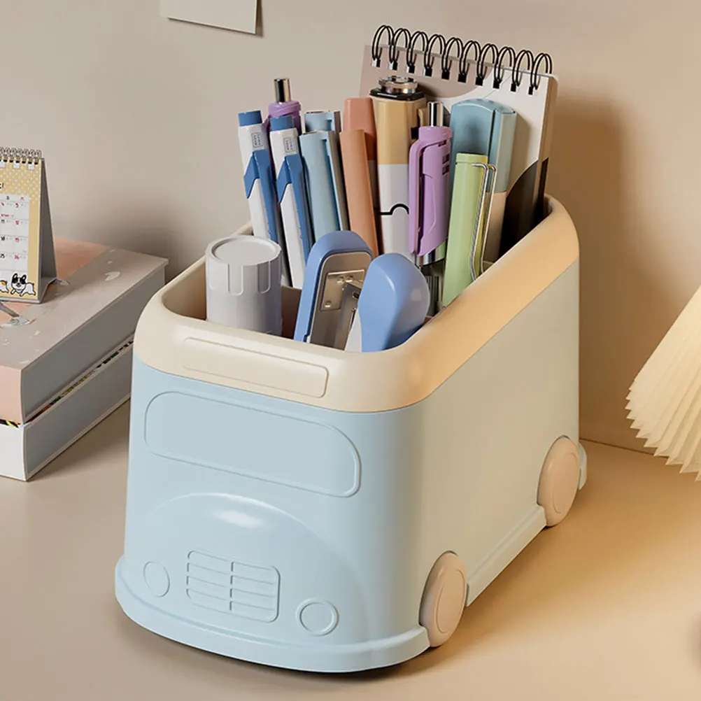 

1 Piece Large Capacity Desk Organizer Blue School Bus 3 Compartments Pen Pencil Holder Office Supplies Storage Box