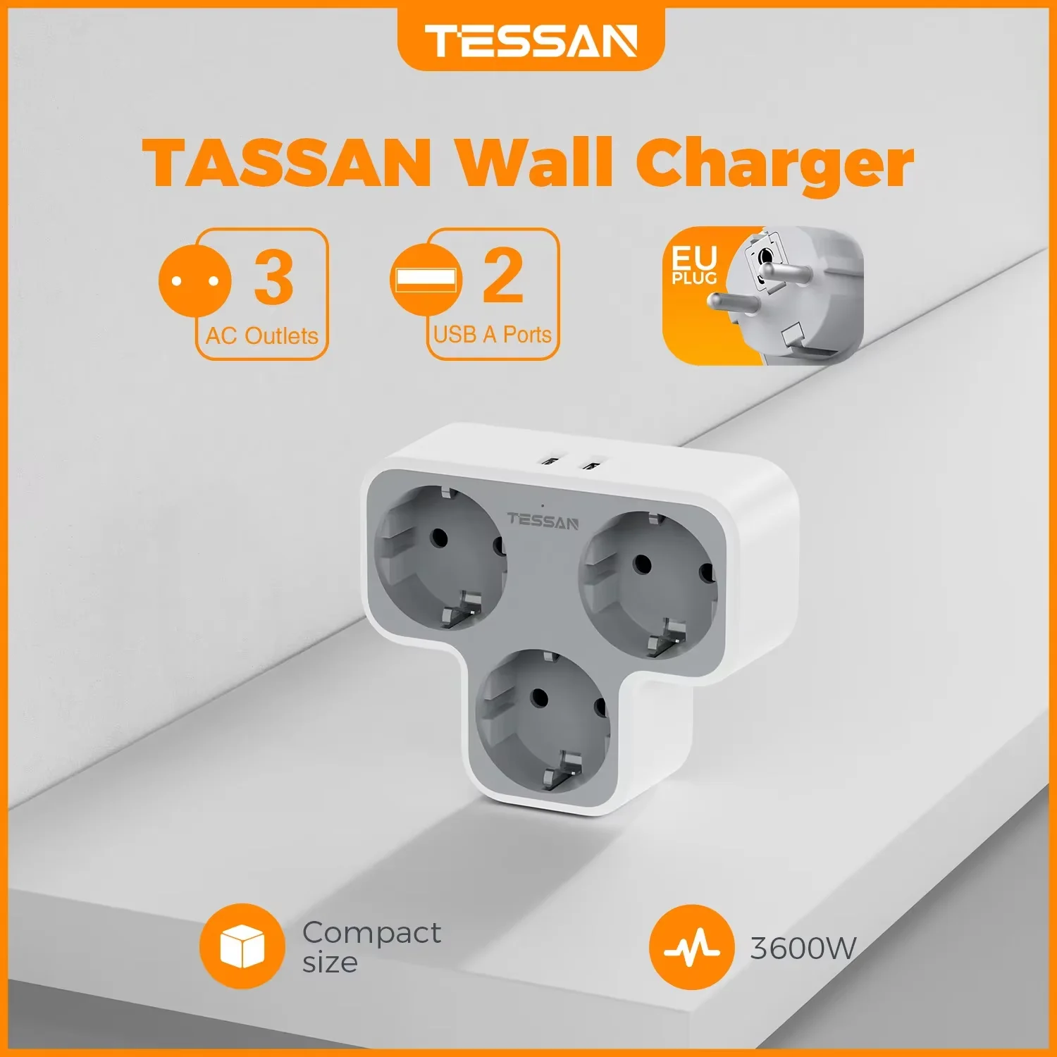 

Настенное многоразъемное зарядное устройство TESSAN с 3 розетками Shucko и 2 USB-портами, настенная розетка с вилкой европейского стандарта и индикатором для домашнего офиса