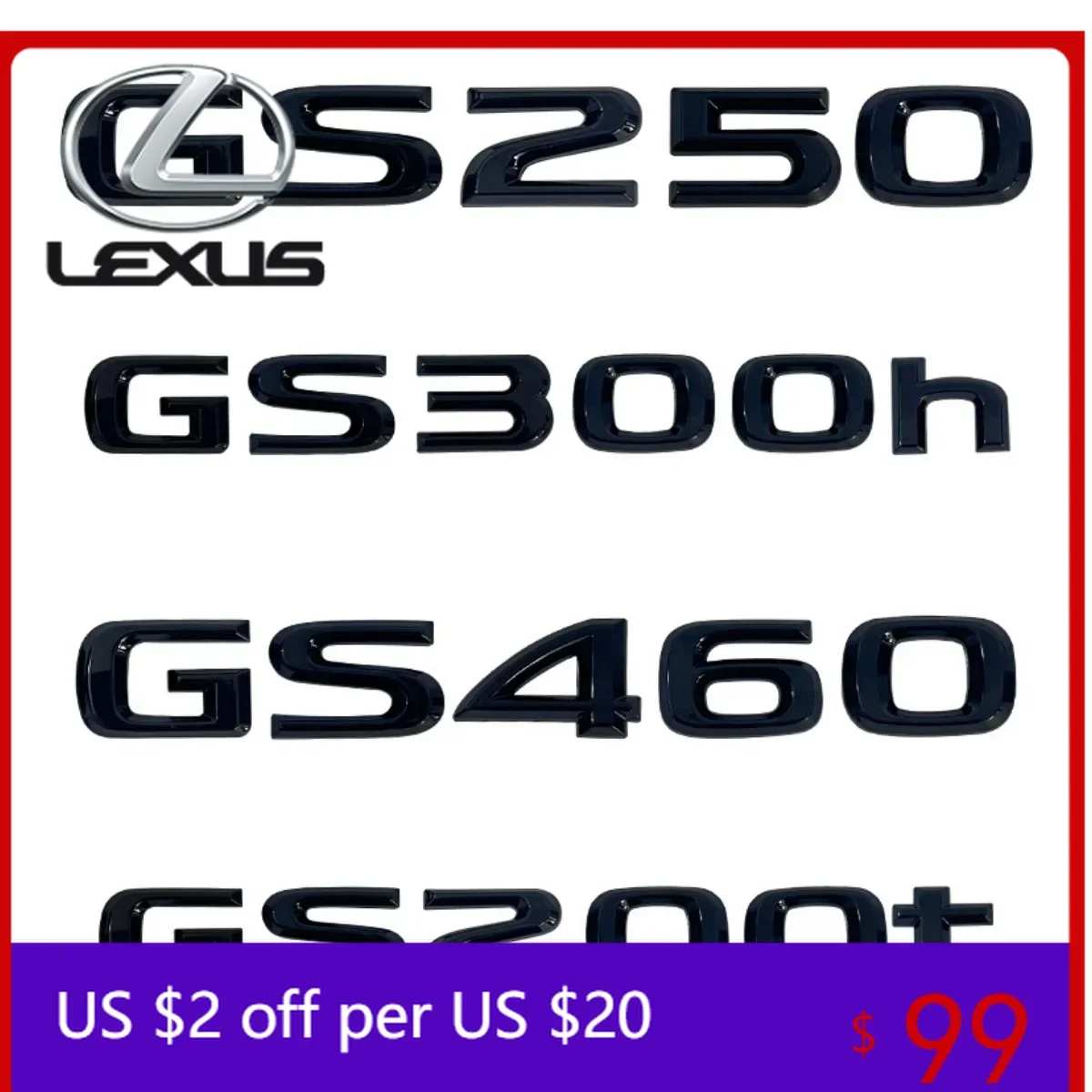 

Декоративные металлические наклейки-буквы для заднего значка Lexus GS250, GS300, GS350, GS460, GS300h, GS450h, GS200t