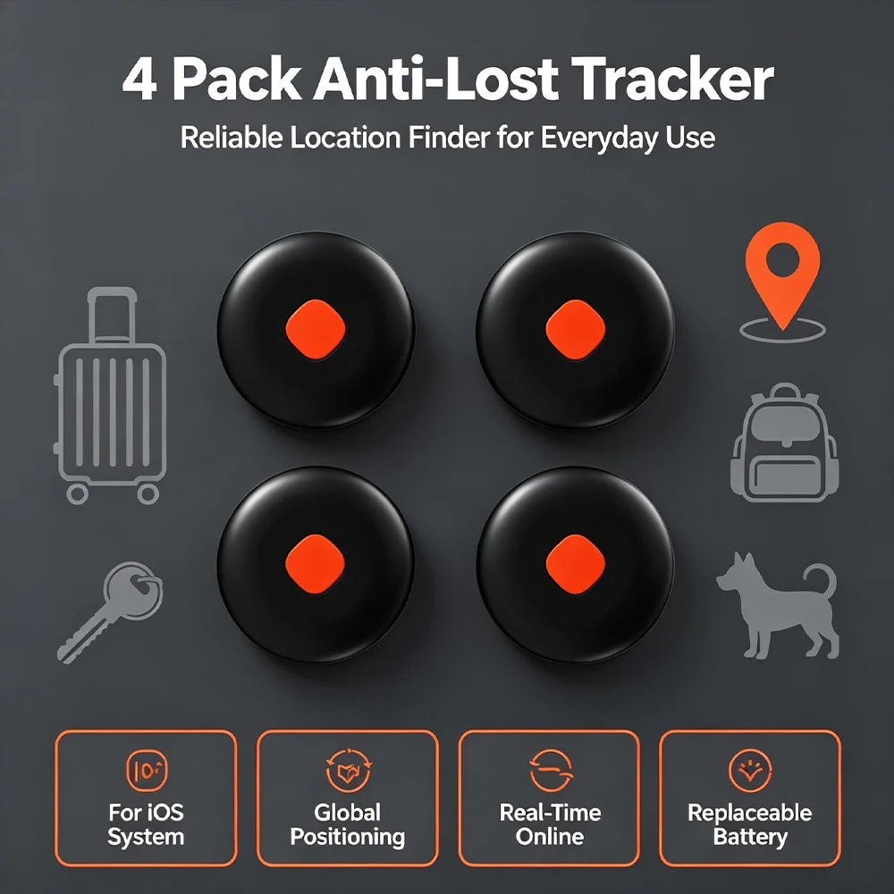 Portable Item Tracking Tag 4 Pack Work with iOS Replaceable Battery Global Real-Time Position Anti-loss Locator For Travel