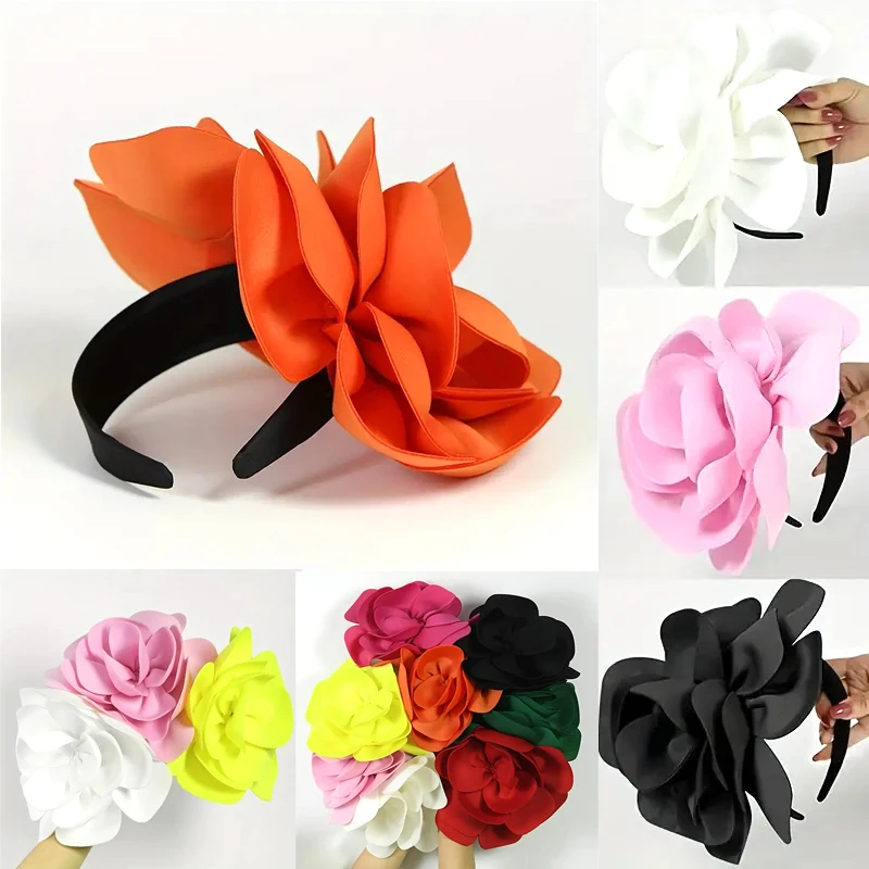 Large Women Solid Color Flower Hairbands Hair Flower Headband Headwear Women Dinner PartyHair Accessories