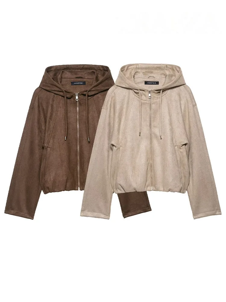 

HH Woman Autumn Loose Casual Jacket Long Sleeves Pocket Design High Street Short Jacket Women Elegant Hooded Zipper Coats