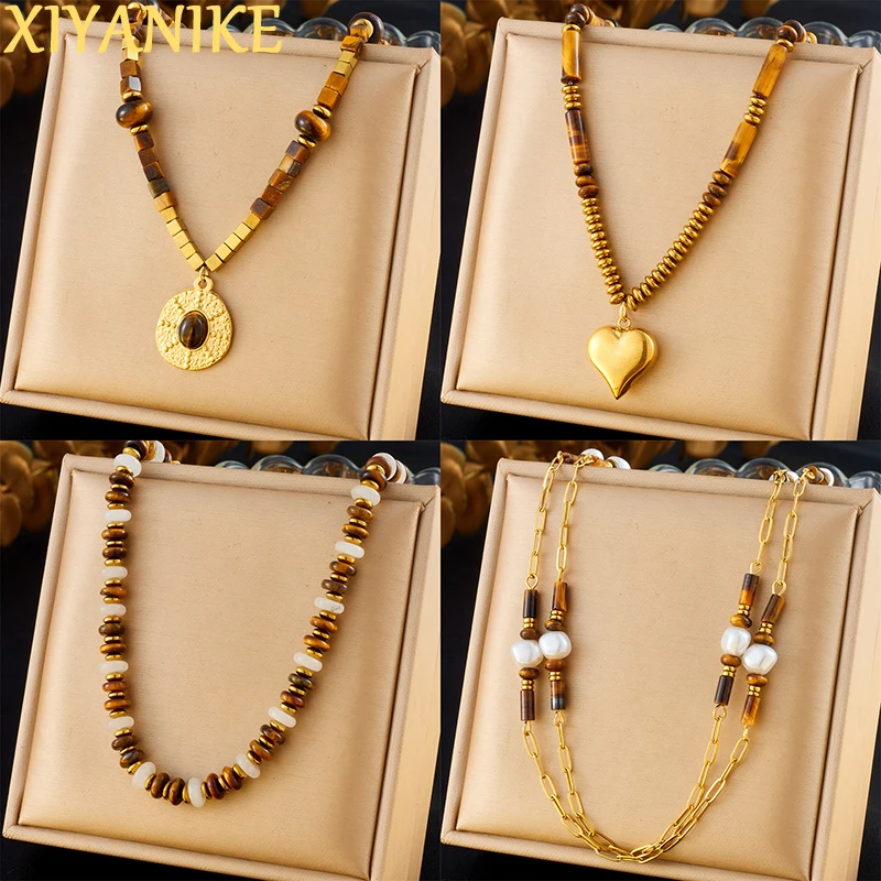 XIYANIKE 316L Edelstahl Retro Bernstein Perlen Halskette Quadratische Scheibe Herzförmige Schlüsselbein Kette Frauen Elegante Lichtecht Schmuck Geschenk