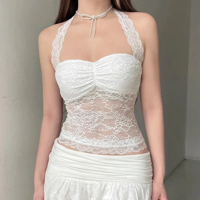 

Korean Sexy Floral Hollow Crop Top Women Transparent Backless Party Clubwear Tank Top Y2K White Lace Corset Coquette Vest Ladies