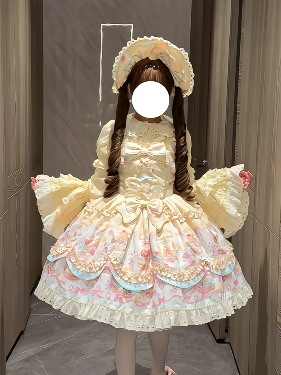 Lolita Style Kawaii Girl Puffy Dress Cute Heavy Craft Cartoon Print JSK Slim Fit Multi-layer Mini Dress Birthday Dress for Women