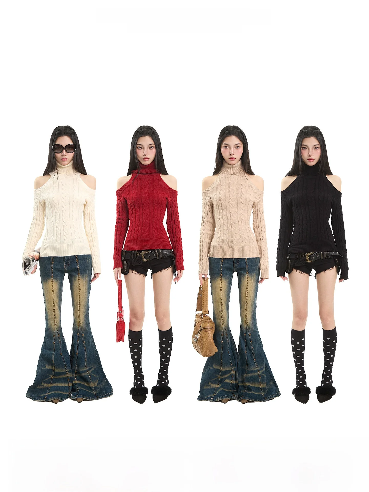 

UNCMHISEX Autumn Winter Knitted Long Sve Women's Top oulder Bared High Collar Slim Fit Warm Top for Young Girls