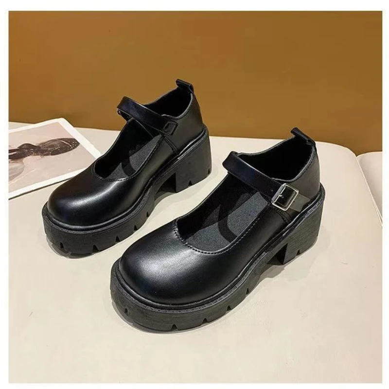 Black Girls' Leather Shoes 2024 New Round Toe Thick Sole Single Shoe Retro Height Increasing Sweet JK Uniform British College