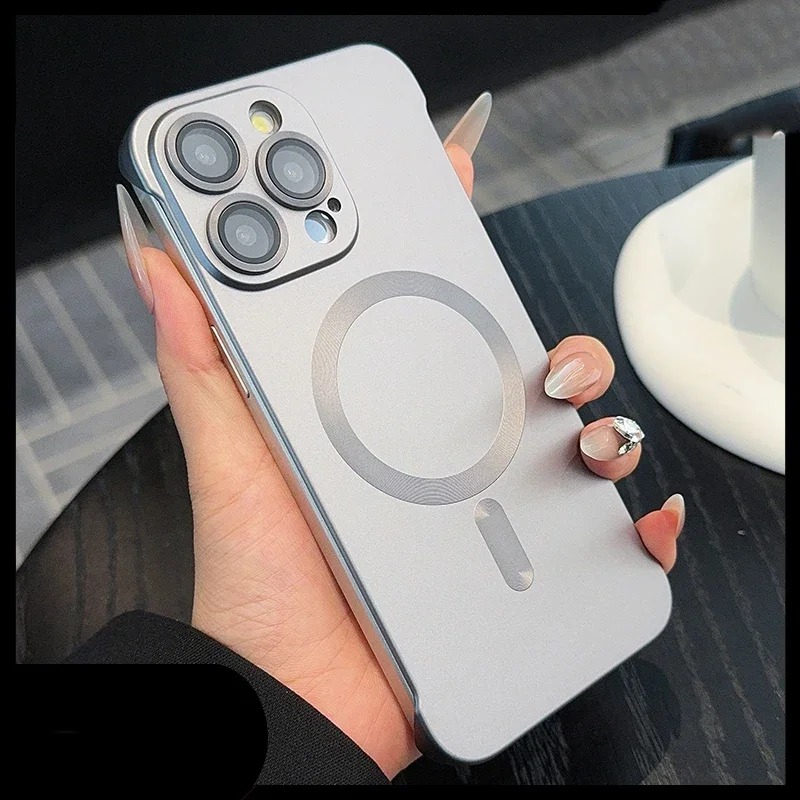 Titanium gold gray borderless magnetic charging phone case for iPhone 16 15 14 13 12 11 Pro Max magsafe shockproof hard cover