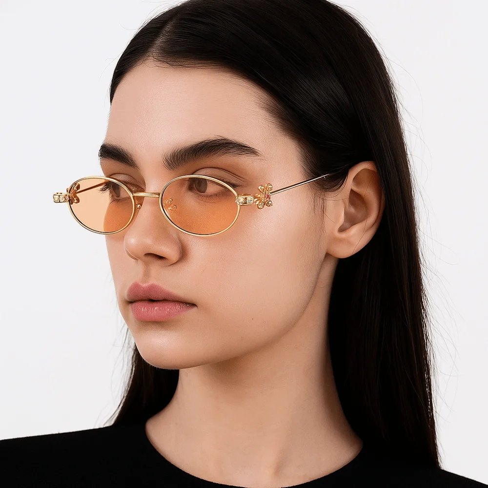 

Simple Bling Rhinestone Sunglasses Small Steampunk Oval Women Eyewear Metal Frame Y2k Anti-Blue Light Spectacles Selfie