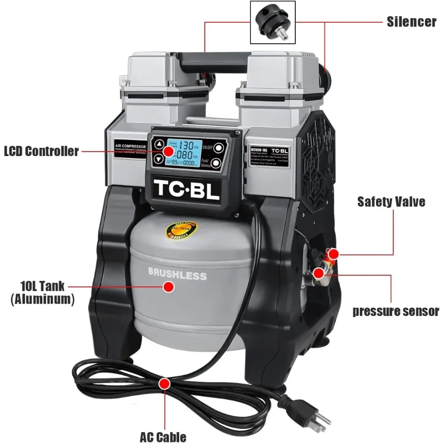 ضاغط هواء 1.3 حصان خالي من الزيت للاستخدام المنزلي والورش: عملية فائقة الهدوء وتصميم خفيف الوزن مع خزان ألومنيوم سعة 2.6 جالون