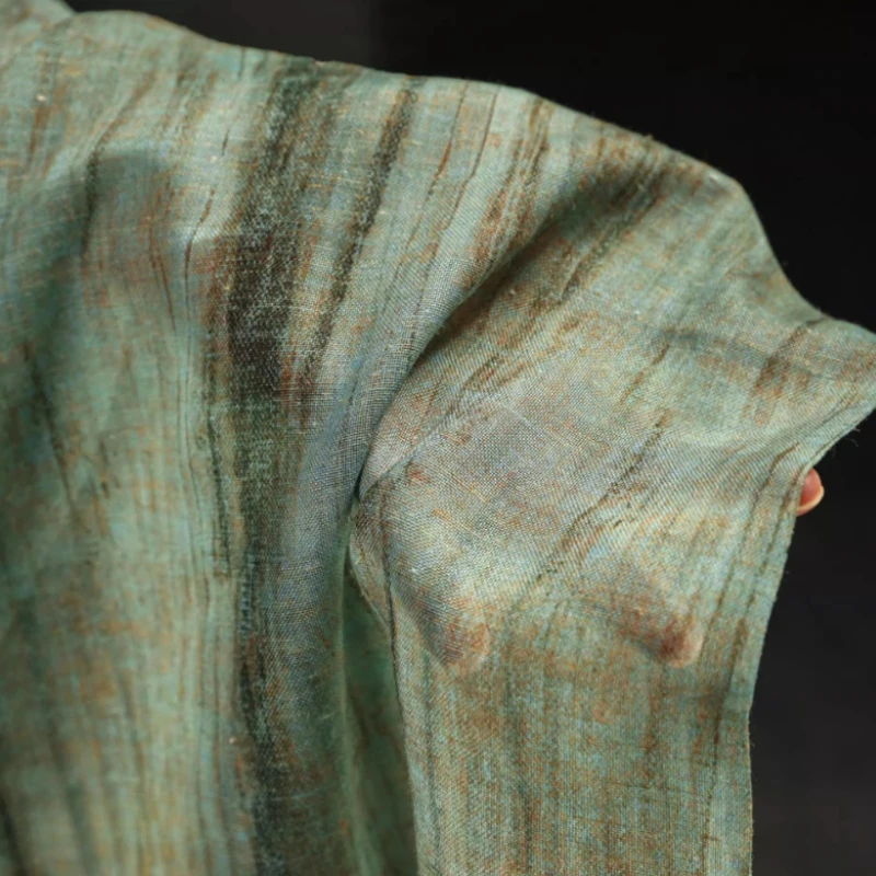 

Vintage Turquoise Striped Cotton Linen Fabric Vintage Mottled Texture Shirt Artistic Skirt Fashion Designer Lightweight Fabric