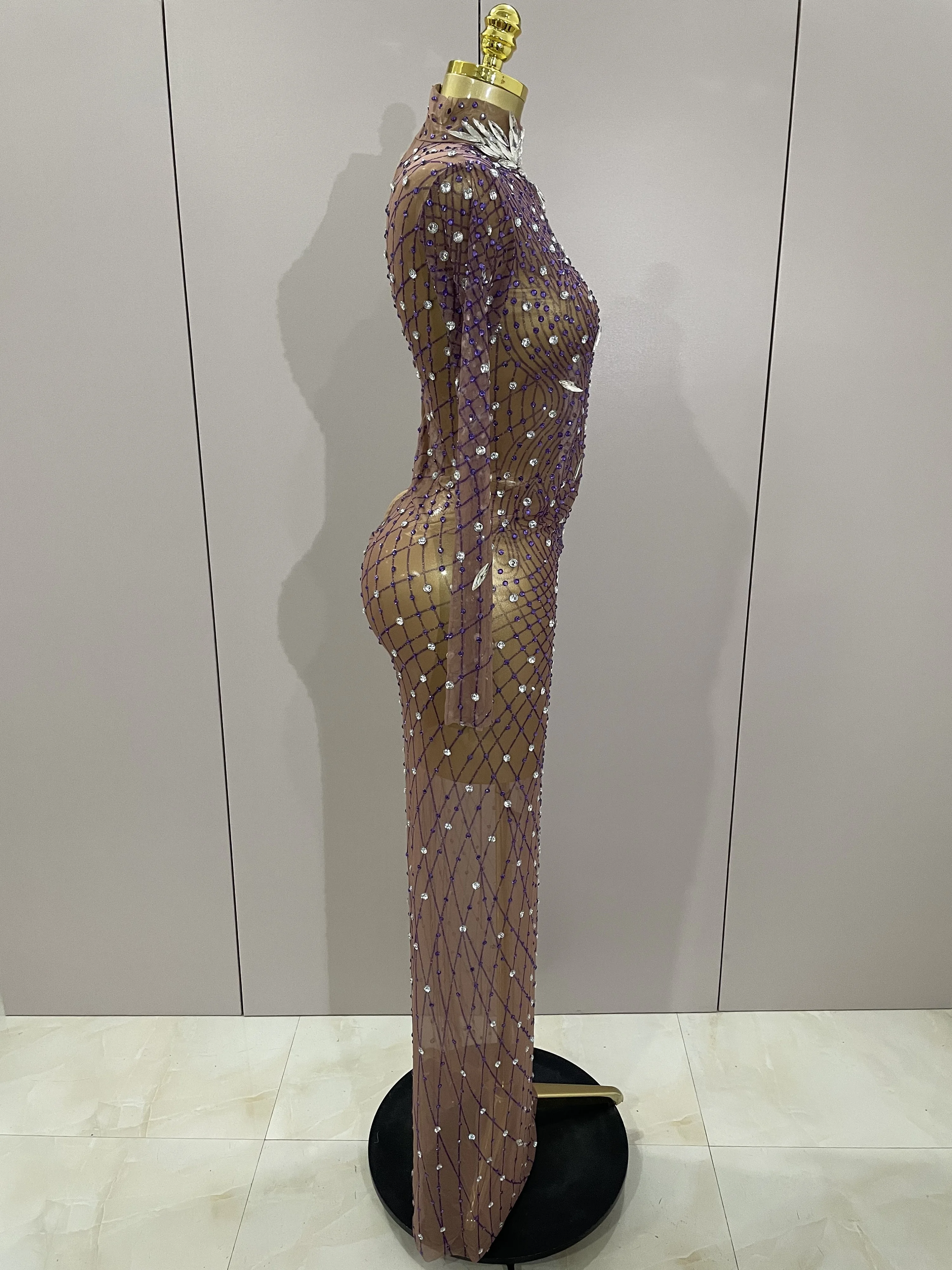 Strass brillants maille Sexy voir à travers la robe longue femmes anniversaire célébrer soirée chanteur spectacle scène porter Photo Shoot robe