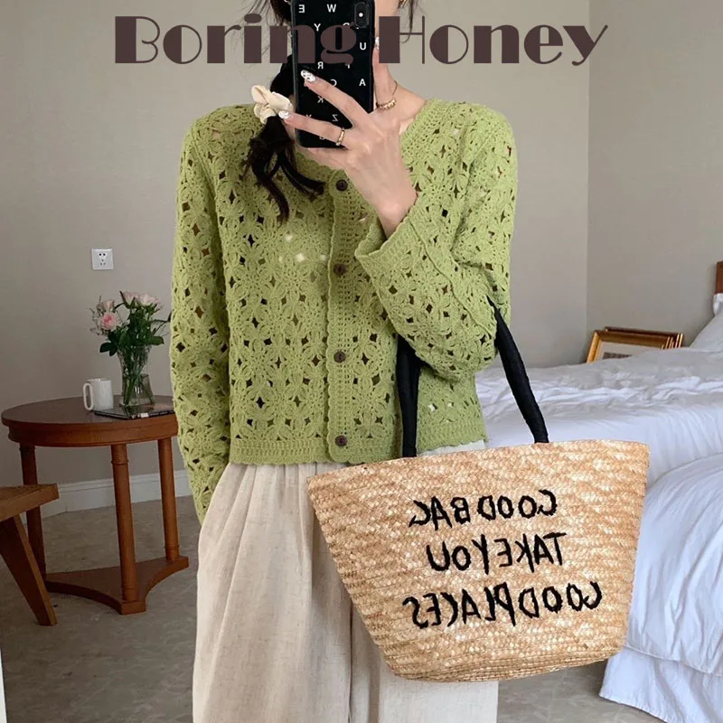 

Boring Honey Hollow Thin Cardigan Women Wear Early Autumn New Solid Color Retro Long-Sleeved T-Shirt Round Neck Crocheted Tops