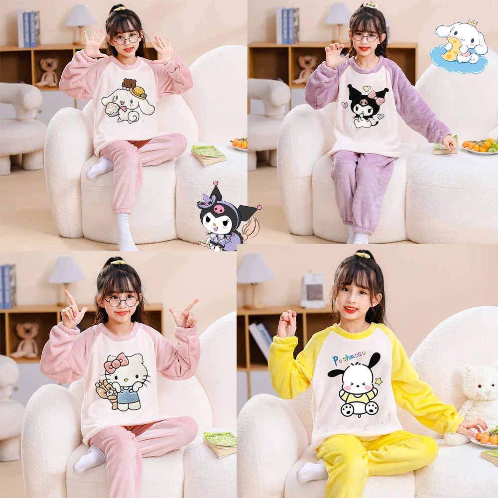 

Hellokitty Kawaii Children Girl Pajama Set Flannel Winter Kuromi Round Neck Sanrio Cute Style Comfort Sleepwear Home Wear Gifts