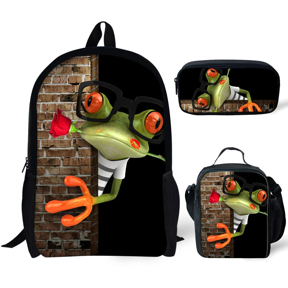 Popular Funny Frog 3pcs/Set Backpack Cute Animal Print School Bags Student Teenager Bookbag Daypack with Lunch Bag Pencil Case