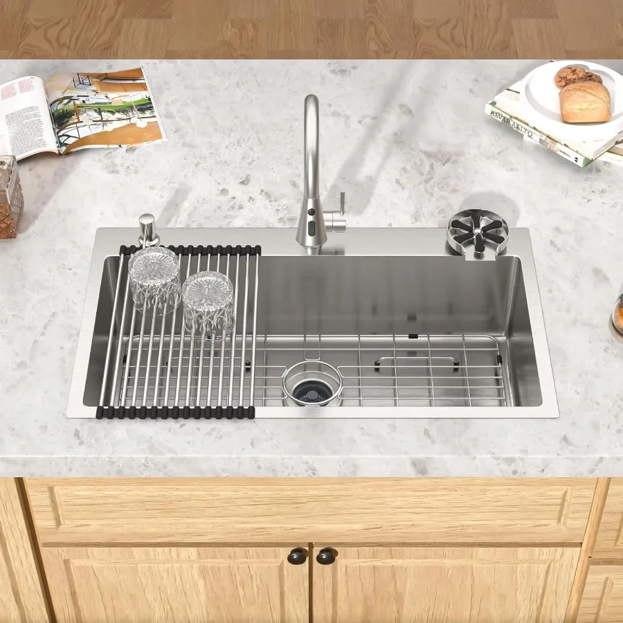 33x19 Drop in Kitchen Sink - 33 Inch 16 Gauge Stainless Steel Topmount Kitchen Sink Single Bowl Deep Over Counter Rectangular S