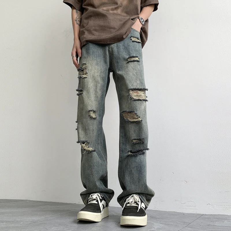 Men's Jeans 2024 New Summer Thin Hollow Design Loose Retro Washed Straight Leg Pant Outdoor Fashion Street Versatile Men's Pants