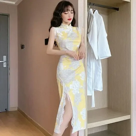 

Модное женское сексуальное кружевное платье Cheongsam в китайском стиле, женское элегантное тонкое Ципао, винтажное облегающее платье для бара, милые вечерние платья