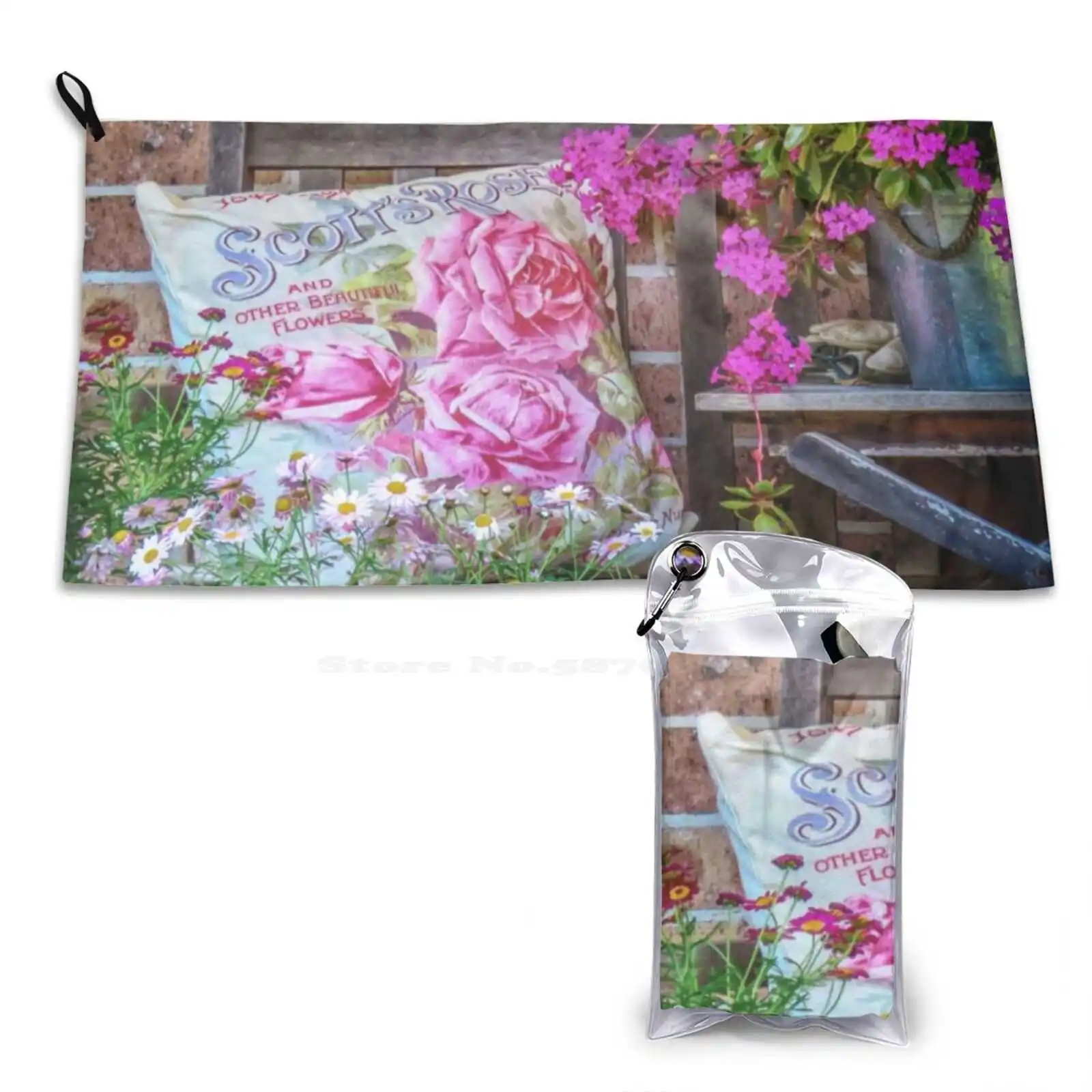 Happy Place Gym Outdoor Sports Fitness Towel Bath Washcloth Wallaroo Cottage Porch Veranda Flowers Roses Bench Pot Plants