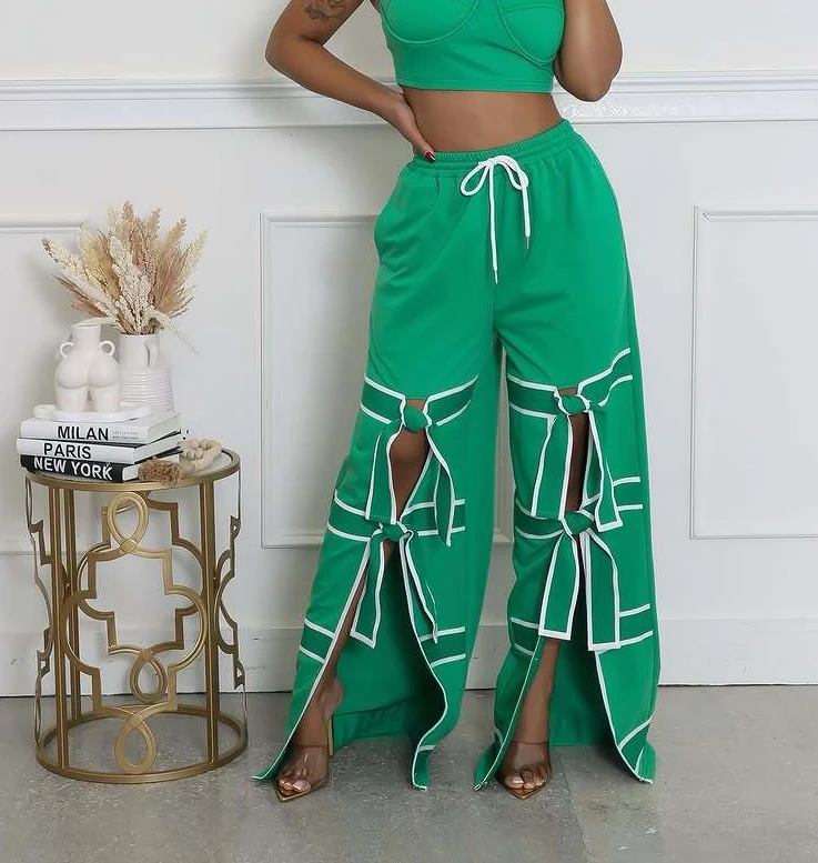 

2026 Black Long Trousers Loose Open Bow Straight Leg Lounge Pants with Stylish Tie Up Details Fashion Loose Pants