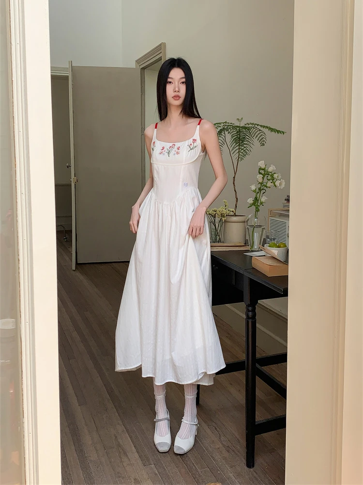 CHEERART Floral Embroidery White Long Dresses Summer 2024 Sundress Sleeveless A Line Midi Slip Vacation Dress For Women Holiday