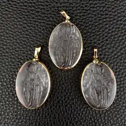 5 Pcs Crystal Quartz Pendant Religious Charm Oval Shape Metal Plated Female Jewelry