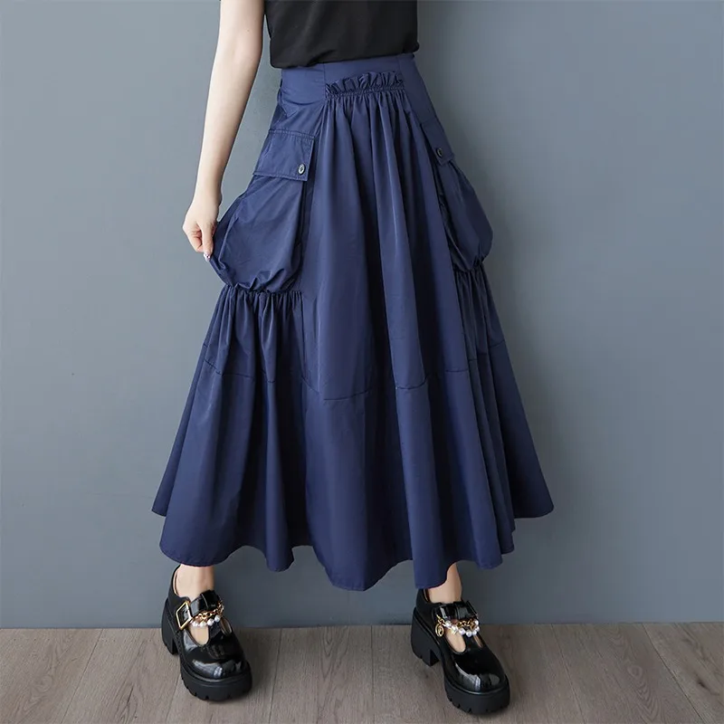 

Весенне-осенняя мода, японский нишевый дизайн, полуюбка с большим карманом, свободная повседневная однотонная большая распашная юбка