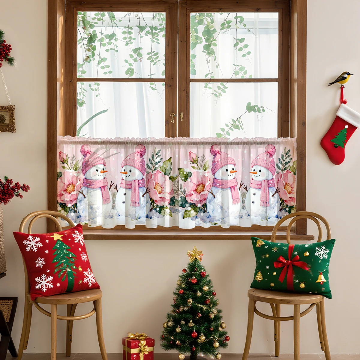 1 Piece of Pastel-Colored Christmas Decorative Printed Curtain - Christmas Animal Design, 100% Polyester Fiber Light-Filtering Rod Pocket Curtain, Suitable for Small Windows/Kitchen/Bedroom/Dining Room, Machine Washable and Easy to Install, Christmas Decoration, Holiday-Themed Fabric, Smooth Material