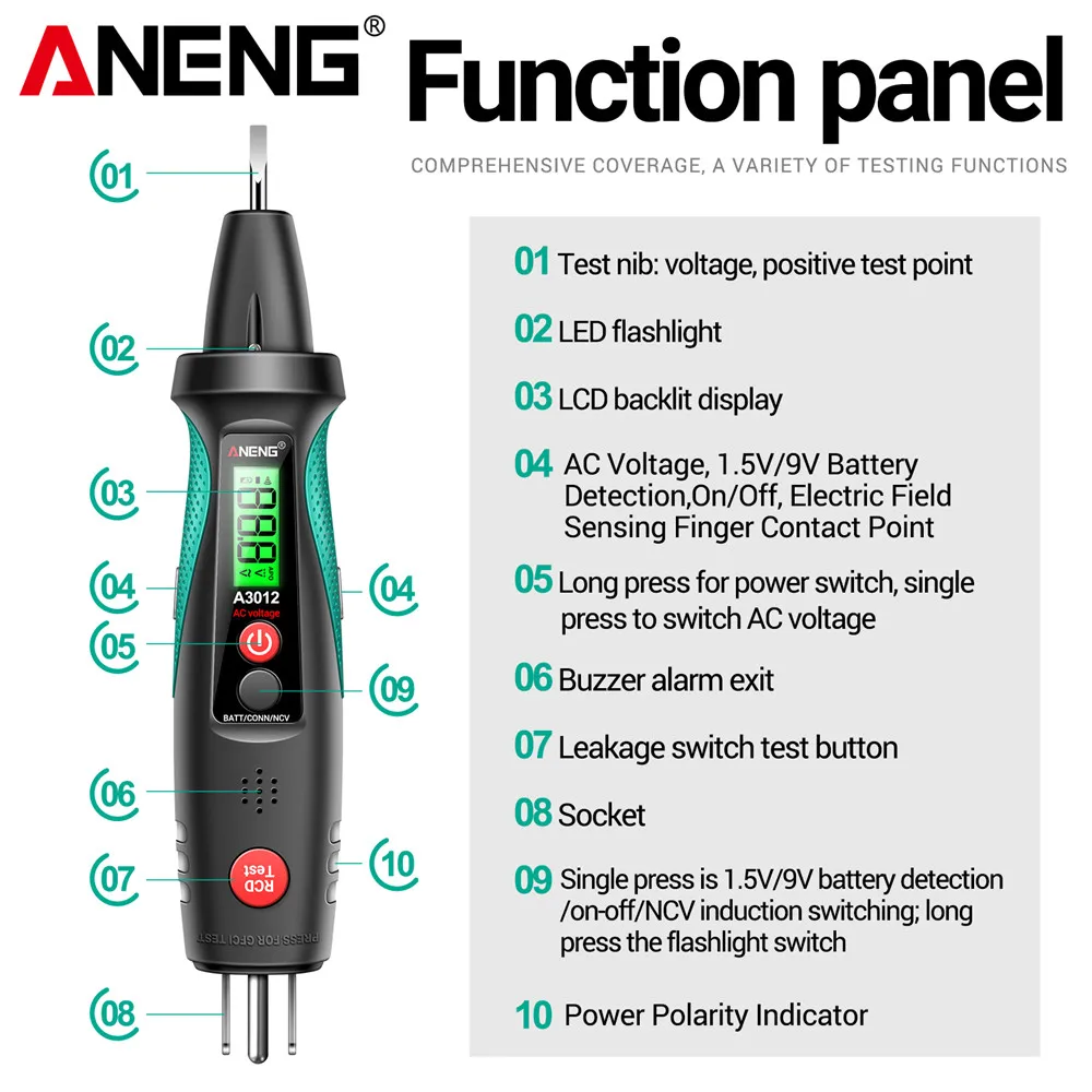 ANENG A3012 Multifunctional Socket Circuit Analyzer AC/DC Voltage Tester Intelligent Power Polarity Detector Leakage Test Tools