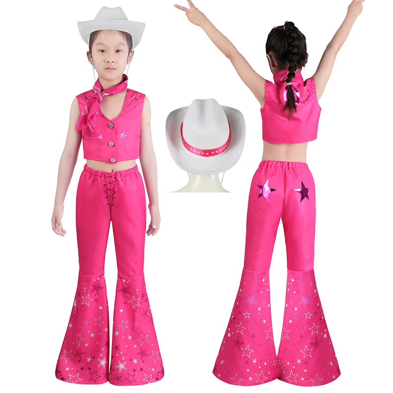 Hot Movie Cosplay Costume Pink Cowgirl Outfit Top Vest Vintage pantaloni svasati cappello Look da Cowboy Costume di Halloween per bambini ragazze